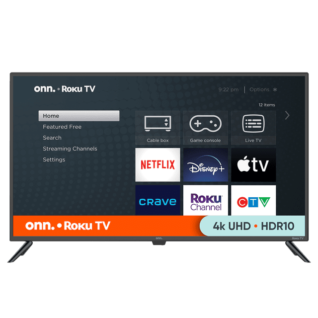 onn. 43" 4K UHD HDR Roku Smart LED TV displaying its customizable home screen with streaming apps like Netflix, Disney+, Apple TV, Crave, Roku Channel, and CTV, featuring a 60 Hz refresh rate and VESA 400 x 300 mm mount compatibility, suitable for cable, satellite, or antenna viewing.