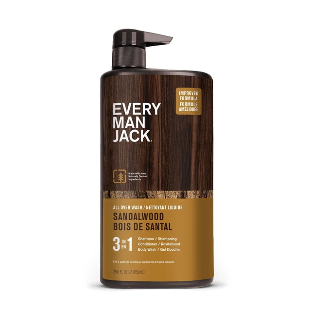 Every Man Jack 852ML 3in1 All Over Wash Sandalwood in a dark brown pump bottle with wood grain texture and gold label, combining shampoo, conditioner, and body wash with naturally derived ingredients for hydrating hair and skin, suitable for men's grooming routines.