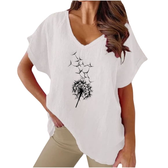 lcziwo Sales Today Clearance Clothing Women Linen Tops,Womens Short Sleeve Cotton Linen Shirts Causal V-Neck Batwing Oversized T-Shirt Solid Color/Dandelion/Sunflower Print Loose Summer Tops White,M