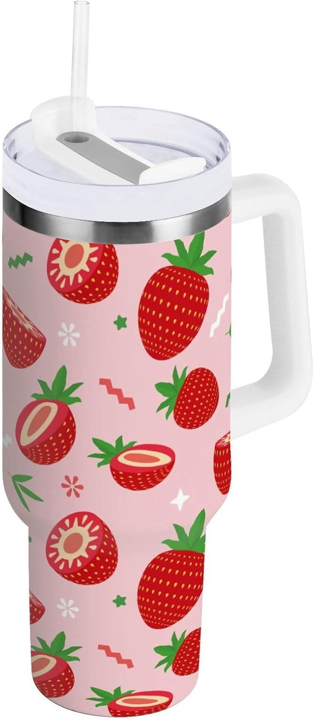 Gobelet de 30 oz avec Poignée, Couvercle et Paille, Gobelet d'Eau Isolé, Tasse d'Eau en Acier Inoxydable, Tasse Bouteille Réutilisable, Compatible avec Porte-Gobelet, Fraise Rouge