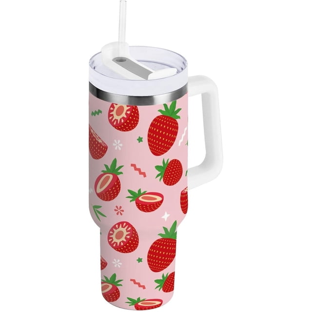 Gobelet de 30 oz avec Poignée, Couvercle et Paille, Gobelet d'Eau Isolé, Tasse d'Eau en Acier Inoxydable, Tasse Bouteille Réutilisable, Compatible avec Porte-Gobelet, Fraise Rouge