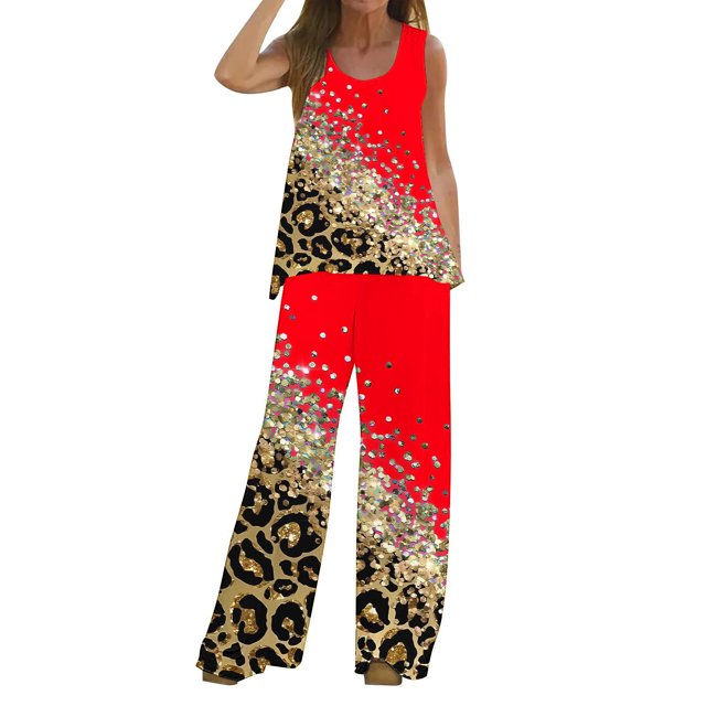 Mikilon Ensemble Élégant pour Femmes 2 Pcs Débardeur Imprimé Décontracté Sans Manches Col Rond Rouge TP