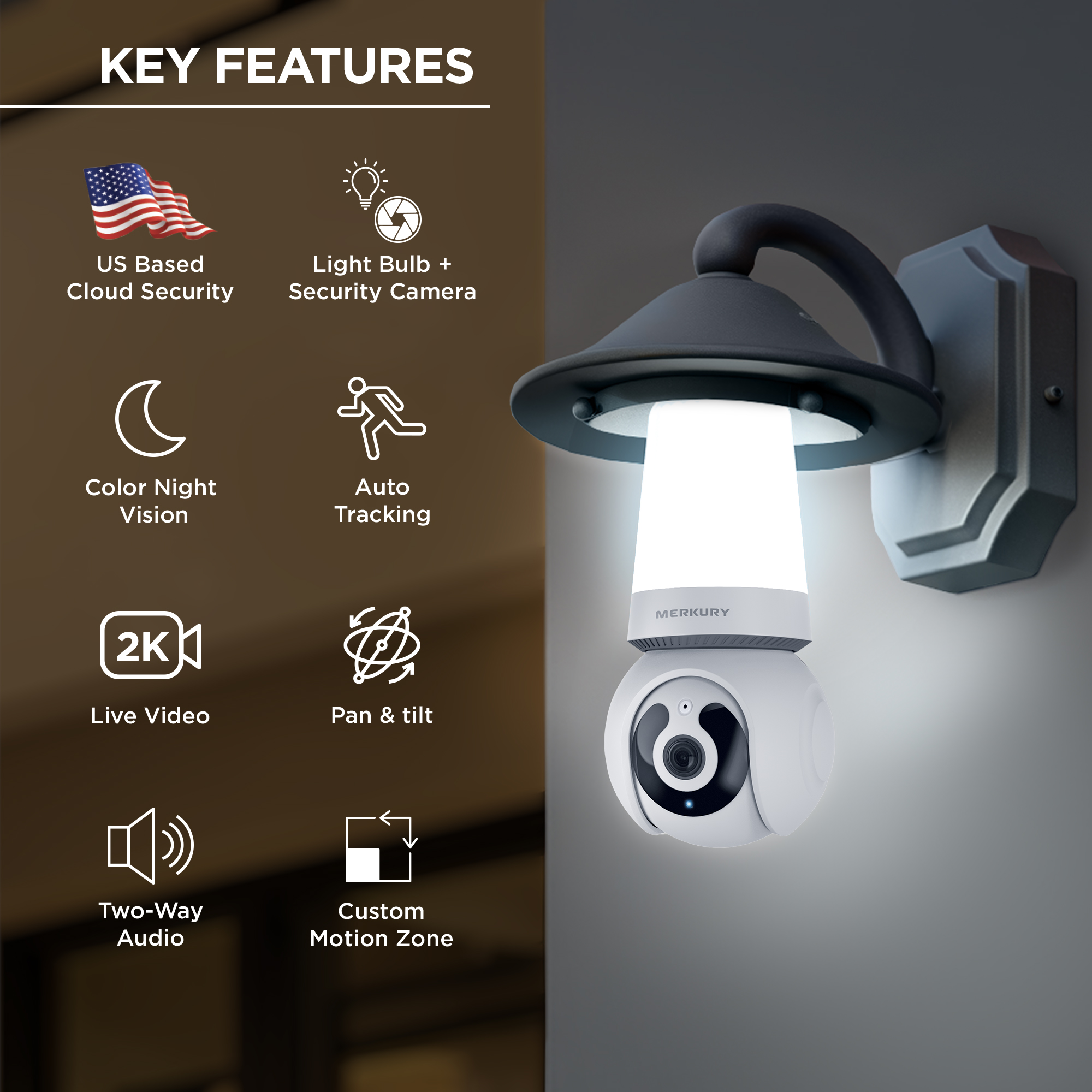 Caméra de sécurité Merkury Smart 2K intégrée à une ampoule, rotation et inclinaison à 360°, vidéo HD 4 MP, vision nocturne, alertes de mouvement