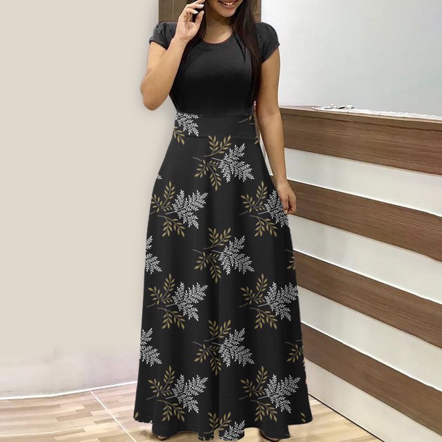 SMihono Robe Maxi Bohème d'Été pour Femmes Grande Taille Robe d'Été Colorée à Imprimé Floral pour Femmes Robes à Manches Courtes Robe Maxi Décontractée de Plage Robe Évasée de Plage