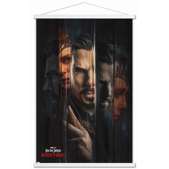 Marvel Doctor Strange dans le Multivers de la Folie - Affiche Murale Teaser en une Feuille, 14,725 Pouces x 22,375 Pouces, Présentant un design Sombre et Lustré avec des Bandes Verticales Montrant Plusieurs Visages Superposés et une Main dans un Geste Mystique, Parfait pour l'Art Mural et la Déco Intérieure.