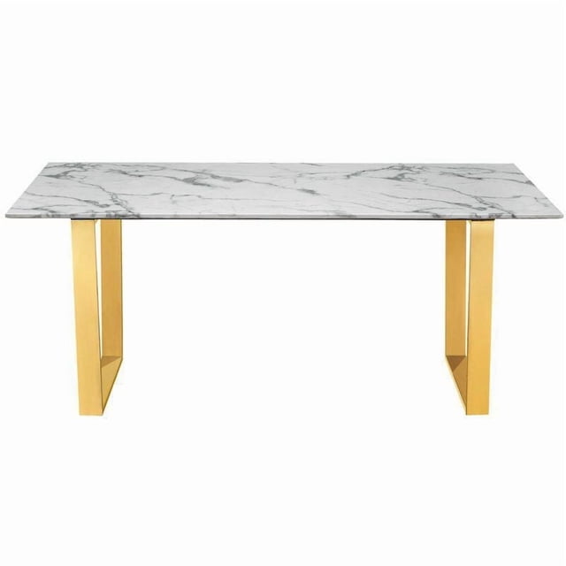 Rectangular Marble Dining Table with stainless steel polished gold base featuring a white faux marble top with grey veining and two polished gold rectangular legs, designed for modern kitchen and dining rooms, also suitable as a stylish workspace table.