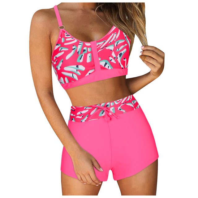 Huesdet Women Swimsuit Bikini Set High Waisted Push Up Cheeky Drawstring Two Piece Bathing Suit(Watermelon Red,3XL)