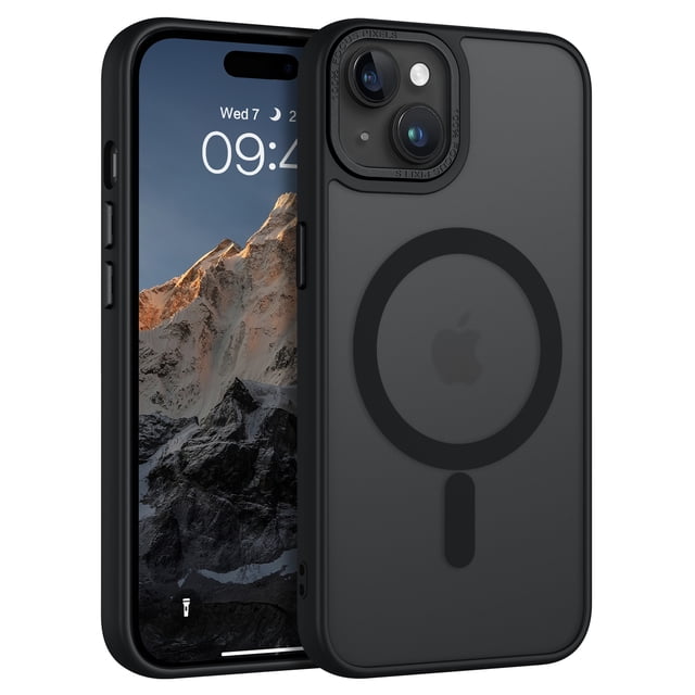 DOMAVER Magnetic iPhone 14 Plus Case / iPhone 15 Plus Case (6.7") in black, designed with a slim fit matte translucent cover that resists fingerprints and yellowing. MagSafe compatible with a built-in magnetic ring for accessory alignment and wireless charging. Shockproof protection includes raised edges for screen and camera safety, precise cutouts for buttons and ports, and a comfortable grip texture. Ideal for iPhone users seeking durable and stylish cellphone accessories.