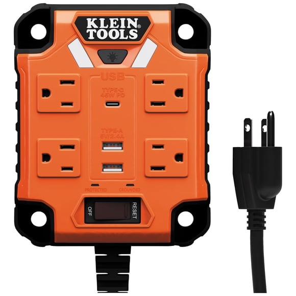 Klein Tools 29601 Barre d'Alimentation Magnétique avec Parasurtenseur, Rallonge, 4 Prises, 3 Ports USB, Cordon de 5 Pieds, Boîtier d'Alimentation avec Lumière, PowerBox 1, Robuste