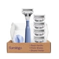 thumbnail image 1 of Flamingo Pubic Hair Razor for Women Starter Set - Women's Pubic Hair Razor for Intimate Areas - Skin-Friendly for Sensitive Skin - 1 Handle, 5 Five-Blade Refills & 1 Shower Holder, 1 of 7