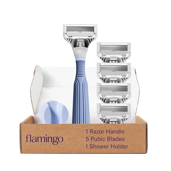 Flamingo Pubic Hair Razor for Women Starter Set - Women's Pubic Hair Razor for Intimate Areas - Skin-Friendly for Sensitive Skin - 1 Handle, 5 Five-Blade Refills & 1 Shower Holder