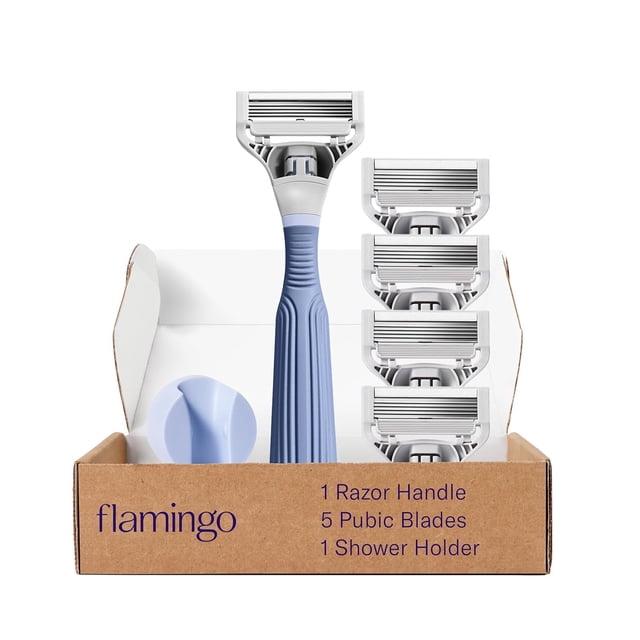 Flamingo Pubic Hair Razor for Women Starter Set - Women's Pubic Hair Razor for Intimate Areas - Skin-Friendly for Sensitive Skin - 1 Handle, 5 Five-Blade Refills & 1 Shower Holder