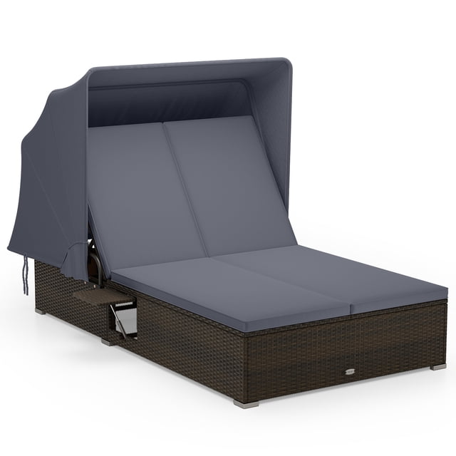 Gymax Lit de Repos en Rotin pour 2 Personnes avec Auvent Rétractable, Dossier Réglable à 5 Positions, Gris