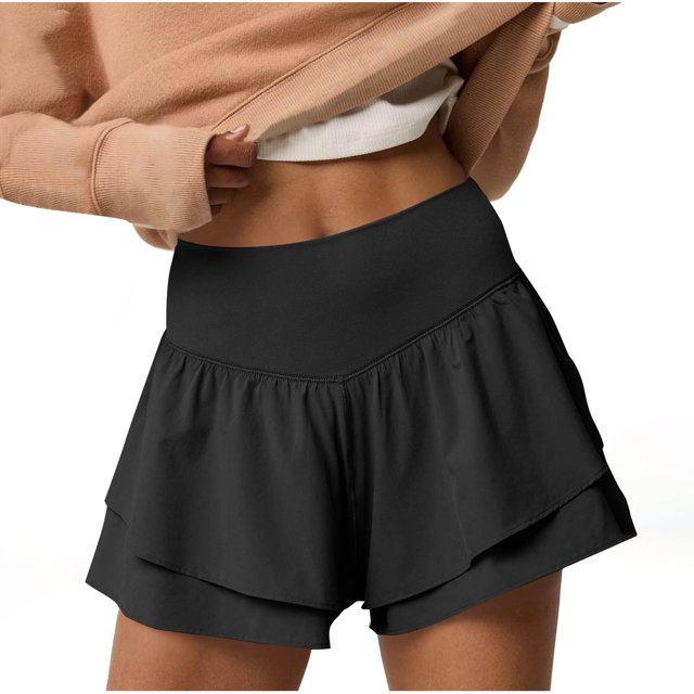 Besolor Womens Athletic Shorts Double Layers Ruffle High Waist Running Workout Tennis Shorts with Build in Shorts