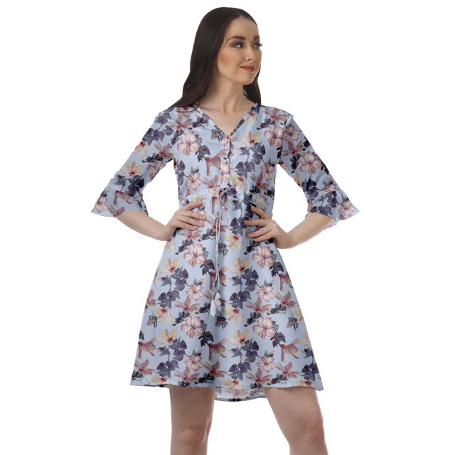 Moomaya Robe Courte à Cordon Imprimée en Poly-Crêpe pour Femmes, Robe Chemise à Manches à Volants