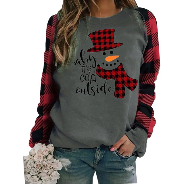 xiaxaixu T-shirt Imprimé Femmes Noël, Pull-Over Patchwork à Manches Longues