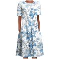 thumbnail image 1 of QJUHUNG Midi pour Femmes Été Décontracté Ample Bohème à Imprimé Floral Col Ras du Cou Manches Courtes Longueur Genou Robe Froncée avec Poches, 1 of 4