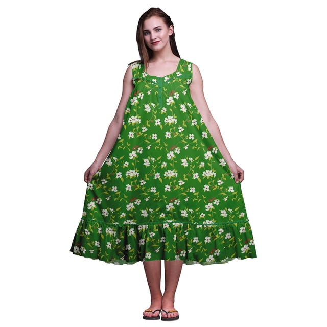 Bimba Robe de Nuit Mi-Mollet Verte à Feuilles Florales et Fleurs Blanches pour Femmes, Coton Imprimé, Sans Manches, Maxi, Taille Moyenne