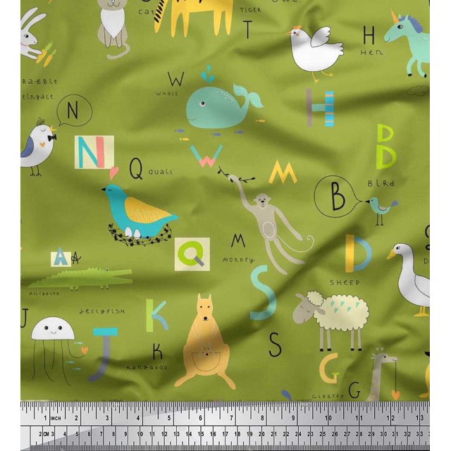 Soimoi Rayon Fabric Alphabets,Birds & Animals Kids Printed Fabric 1 Yard 56 Inch Wide