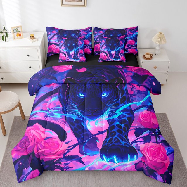 Ensemble de Literie Léopard Très Grand Size 7 Pcs, Ensembles de Literie Fleurs Roses Imprimé Guépard Jungle Grand Félin Draps de Lit, Ensemble de Draps Animaux de la Forêt avec Couette