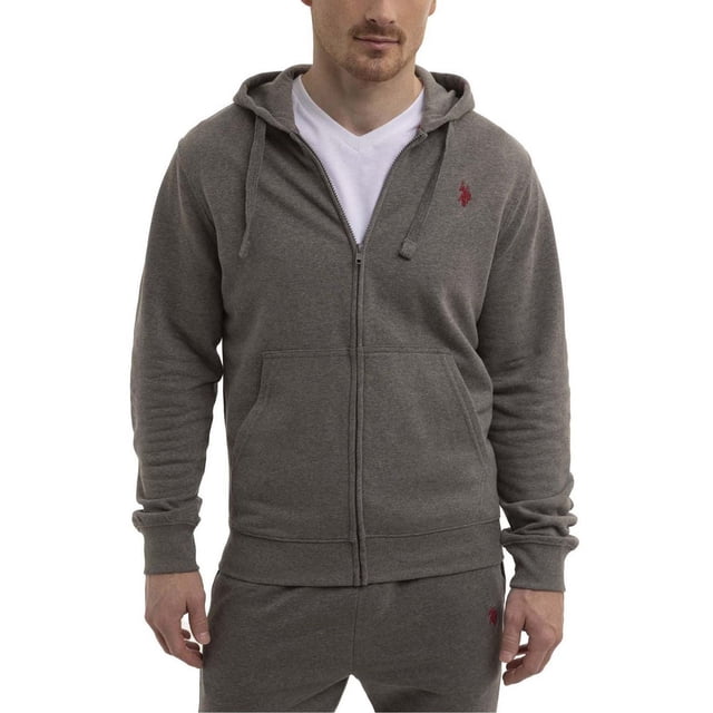 U.S. Polo Assn. Men's Fleece Hoodie in charcoal grey with full zipper, drawstring hood, double front pockets, and red embroidered logo on the chest, layered over a white V-neck tee, ideal for casual and sporty wear.