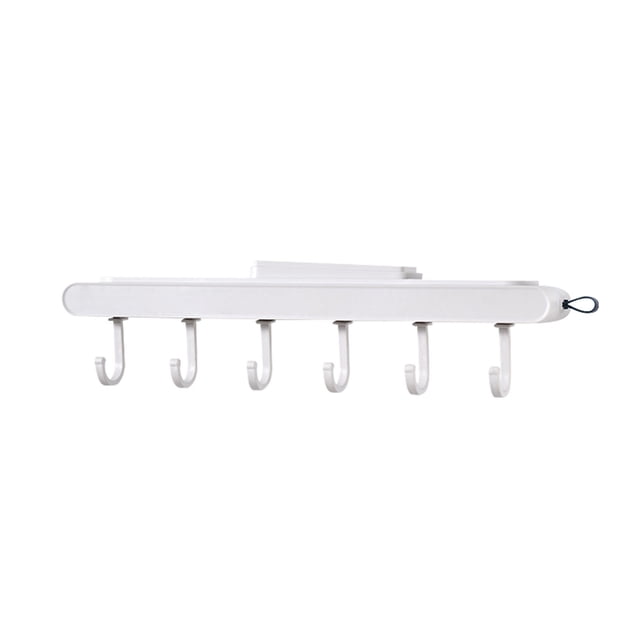 UsRHHA Pull-Out 6 Hooks Kitchen Utensils Storage Rack, No-Drill Adhesive Mount Under Cabinet Organizer, Multi-Purpose Hanging System