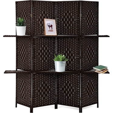FDW Room Divider Screen with Removable Storage Shelves, 4-Panel Folding Partition, Wood, Brown