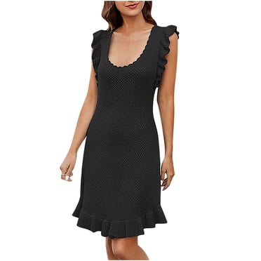 Dvkptbk 2024 Robe Midi de Mode pour Femmes Robe de Plage au Crochet à Volants d'Été Sans Manches à Rayures en Tricot Robe Débardeur Ajourée Moulante Robes Midi Débardeur S-TG