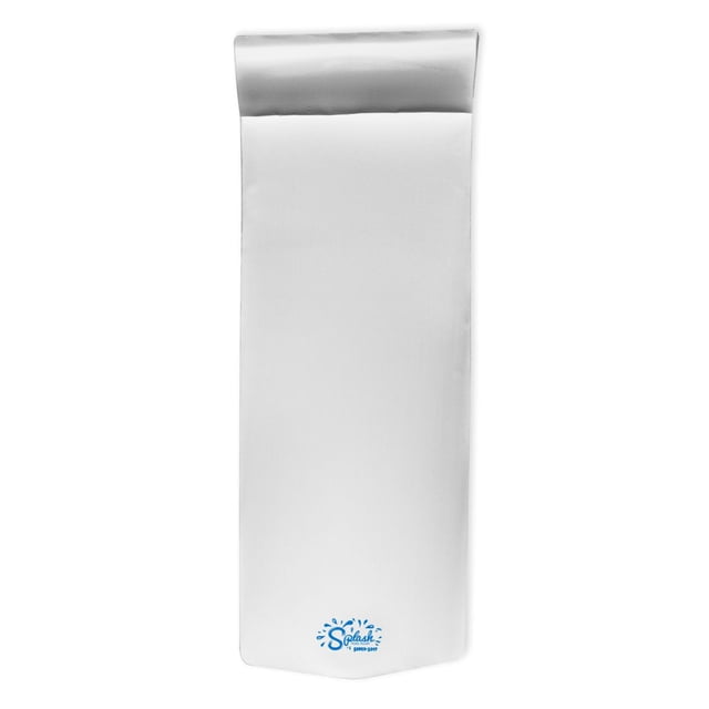 TRC Recreation Splash 1.25-inch thick foam swimming pool float lounger mat in white, featuring a waterproof vinyl-coated surface and built-in roll pillow for added comfort and buoyancy. Designed for full-sized adults, measuring 70 inches long, 26 inches wide, and 1.25 inches thick. Durable and easy to clean, ideal for poolside relaxation or lounging on the lake.