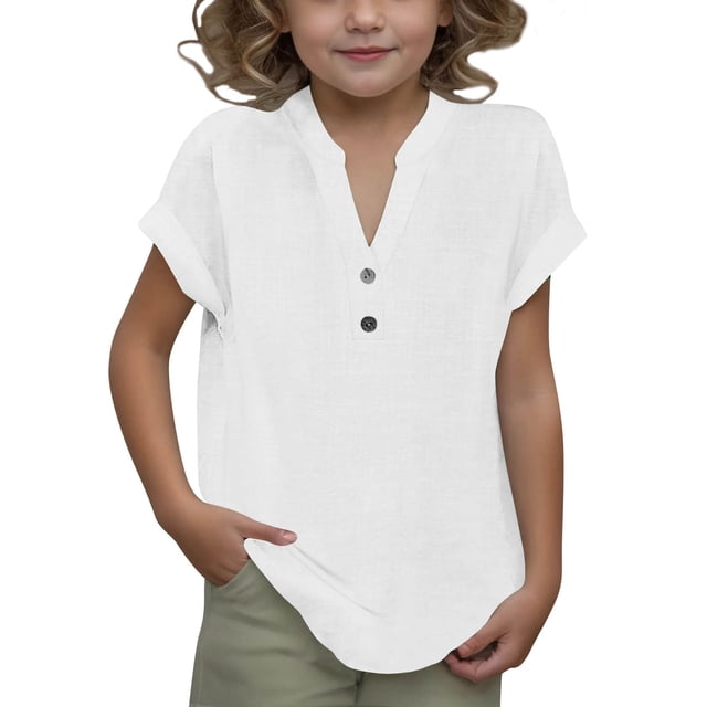 DecSea Linen Shirts for Kids 2025 Summer Button Down V Neck Short Sleeve Tops Casual Solid Blouses