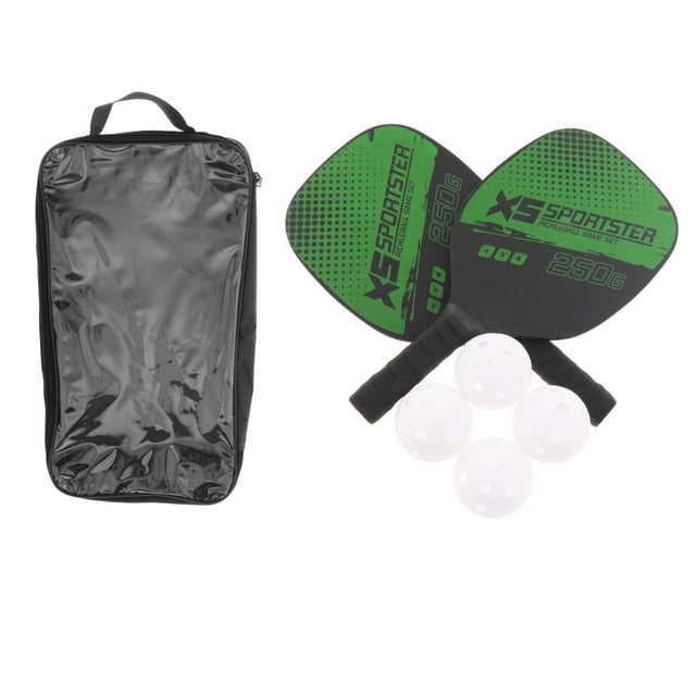 Pickleball Racket Grip Professional Fiberglass Protective Raquette Paddle Pickleball for Indoor. The set includes two green and black pickleball paddles with comfort grip handles, four white perforated pickleball balls, and a black portable storage bag. The paddles feature a durable wood base and protective edge guards. Suitable for beginners and professionals, ideal for schools, community centers, and athletic clubs.