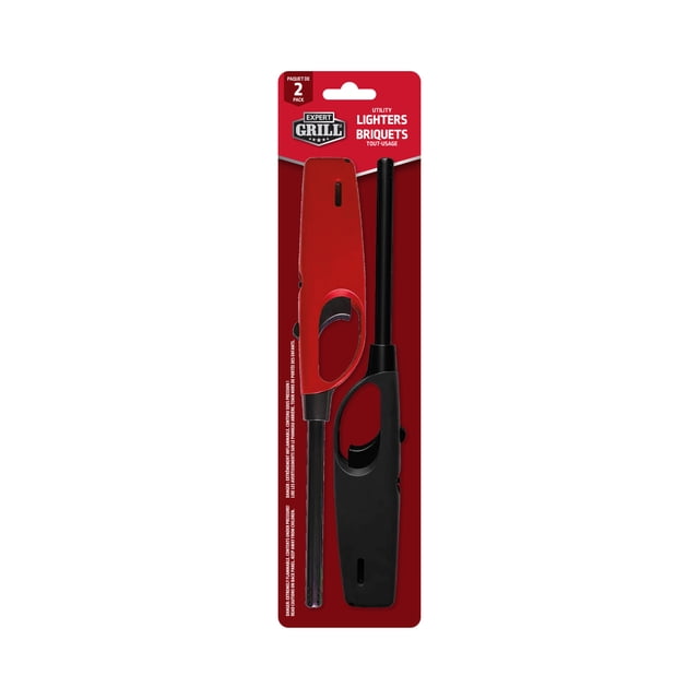Expert Grill 2 Pack Refillable Utility Lighter set with one red and one black lighter, each featuring a long nozzle and ergonomic trigger handle, packaged on a red card designed for grilling fuels and fire starters, ideal for lighting grills, candles, and fireplaces.