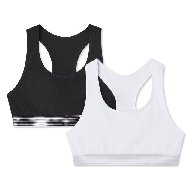 George Girls' Racerback Bras 2-Pack including one black and one white bra with racerback silhouette and striped elasticized bands under the bust, made from a cotton-rich blend for light support and comfort, ideal for everyday wear.
