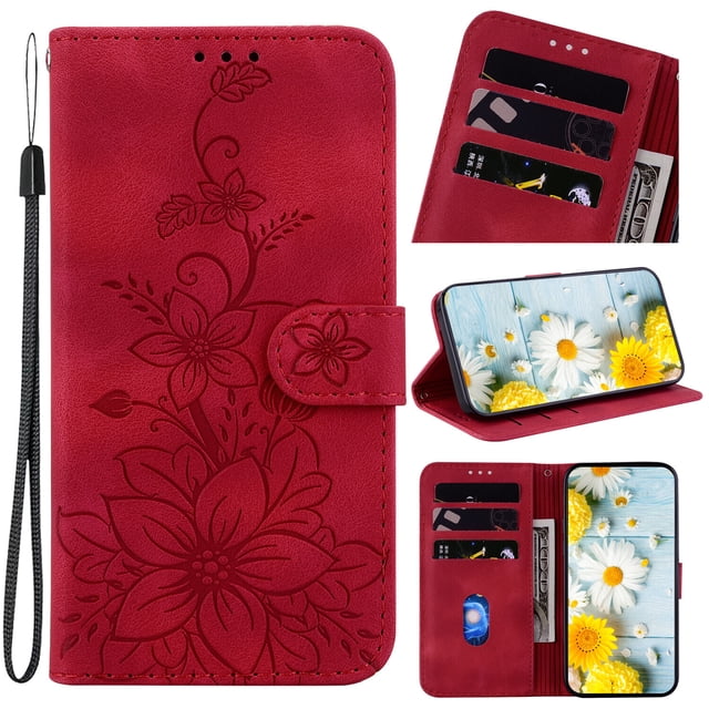 Compatible with Samsung Galaxy A02 Embossed Lily Wallet Case with Card Holder PU Leather Flip Cover