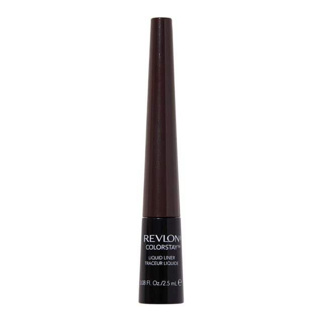 Revlon ColorStay Liquid Eyeliner with a tapered dark brown cap and black base labeled with white text, a waterproof, longwear liquid liner designed for precise, smudge-proof eye makeup lasting up to 16 hours.