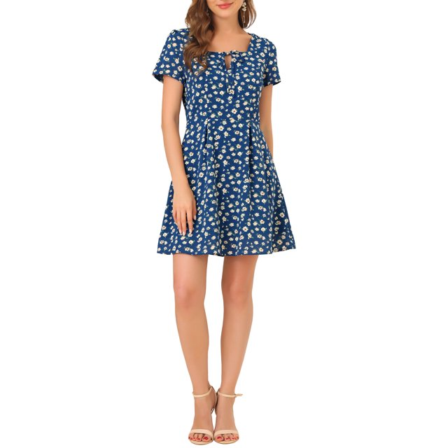 INSPIRE CHIC Robe de Bal Ligne A à Encolure Carrée Imprimée à Manches Courtes pour Femme P Bleu Floral