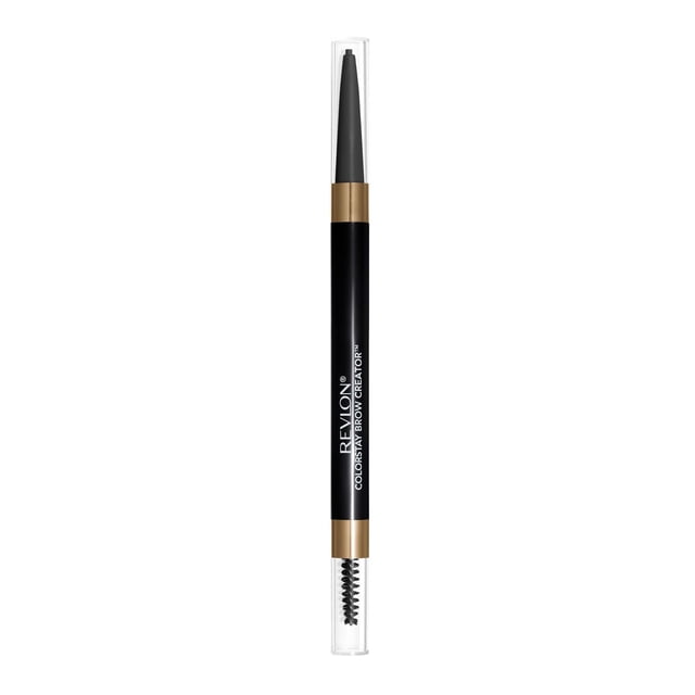 Revlon ColorStay Brow Creator Waterproof Natural Eyebrow Color Pencil, 0.33g, a slim black dual-ended pencil with gold accents and clear caps, featuring a micro pencil tip for precise, natural-looking strokes and a spoolie brush for blending and grooming, suitable for longwear waterproof eyebrow shaping and filling.