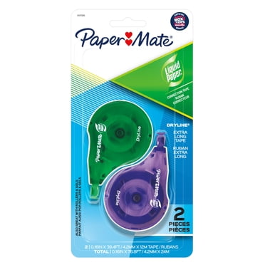 Paper Mate Liquid Paper DryLine Correction Tape, Extra Long, Green/Purple Dispensers, 2 Count