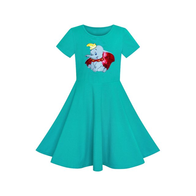 Robe Fille Éléphant Vert Dumbo Brodé Manches Courtes 4 Ans