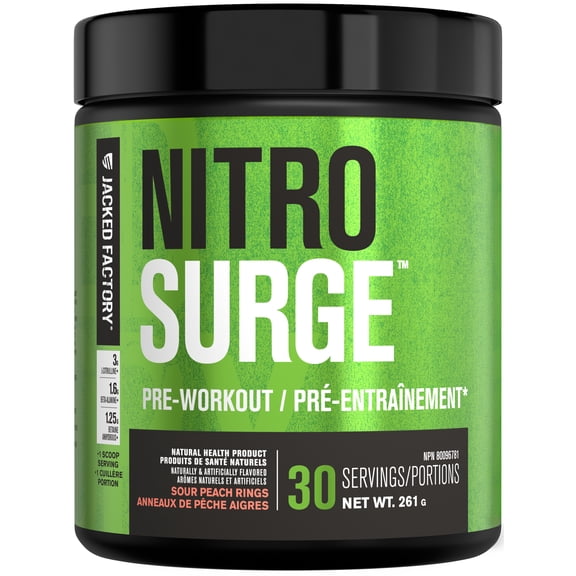 NITROSURGE Pre Workout Supplement - Endless Energy, Instant Strength Gains, Clear Focus, Intense Pumps - Nitric Oxide Booster & Preworkout Powder with Beta Alanine - 30 Servings, Sour Peach Rings