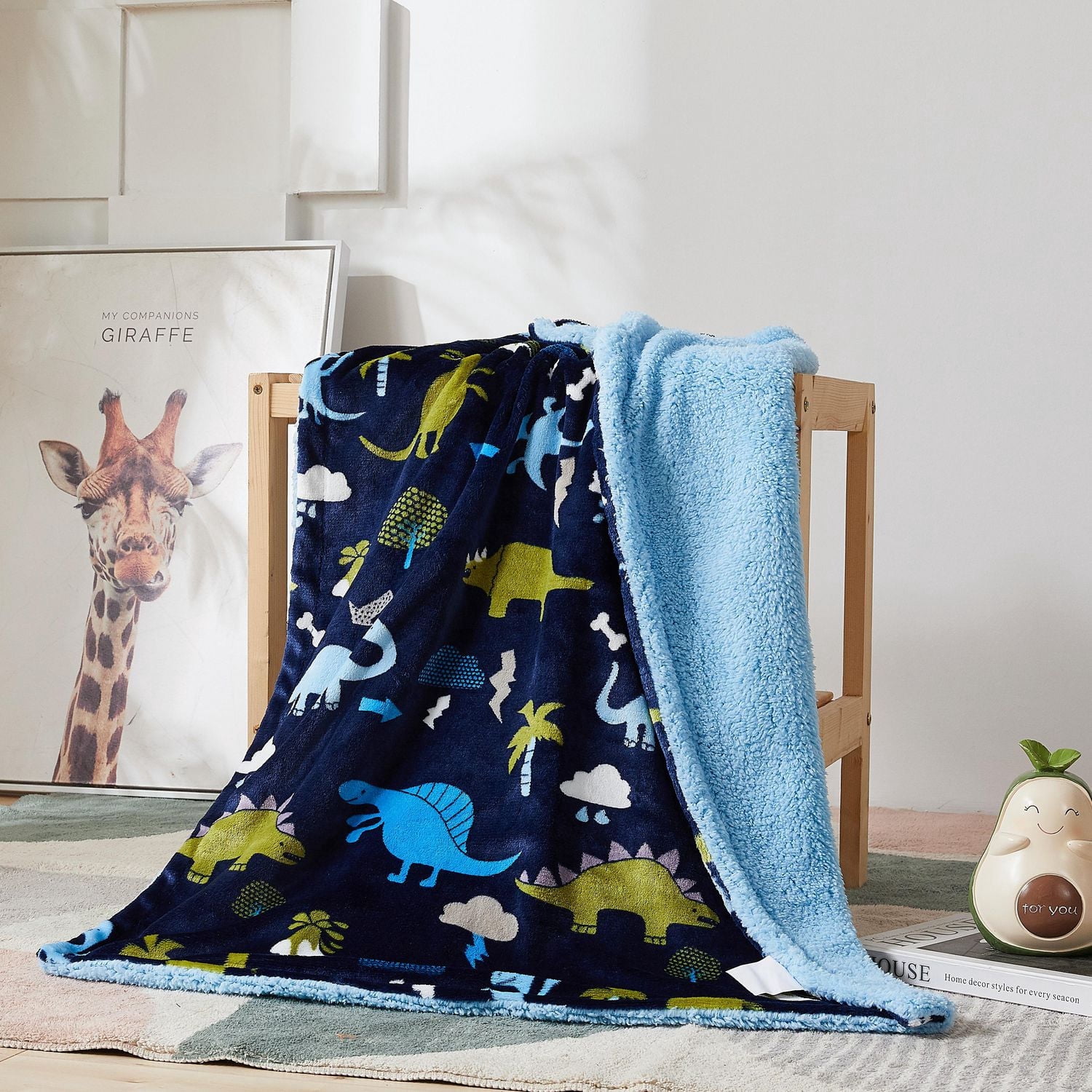 Couverture réversible en flanelle polaire Sherpa pour enfants, motif dinosaures vert et bleu marine, 76 x 101 cm, motif tissé, riche et imprimé, motif moelleux et chaud