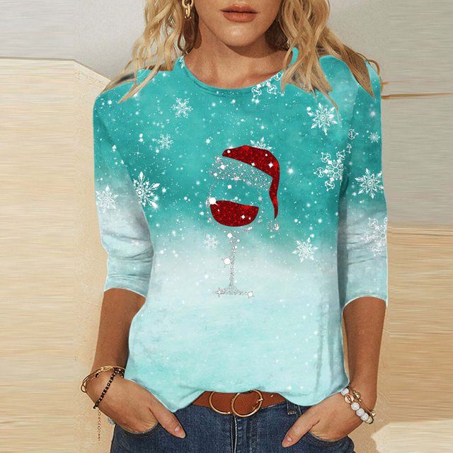 Meichang Hauts à Manches 3/4 pour Femmes T-Shirts Classiques de Noël avec Verre de Vin Graphique Coupe Ample Col Ras du Cou Hauts Décontractés Cadeaux pour Femmes pour Noël