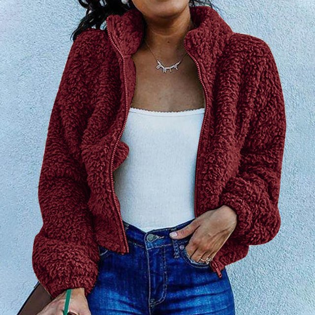 Veste Sherpa pour Femmes à Revers à Manches Longues Courte en Molleton Duveteux à Fermeture Éclair Vestes Manteau Hiver Chaud Uni Pelucheux Shaggy Vêtement d'Extérieur