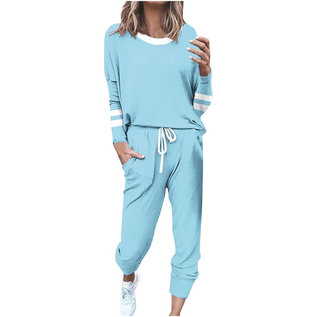 Posijego Ensemble Femme 2 Pcs Tenue Rayée Décontractée Manches Longues Col Ras du Cou Hauts Pantalons à Cordon Ensembles Détente P-5TG