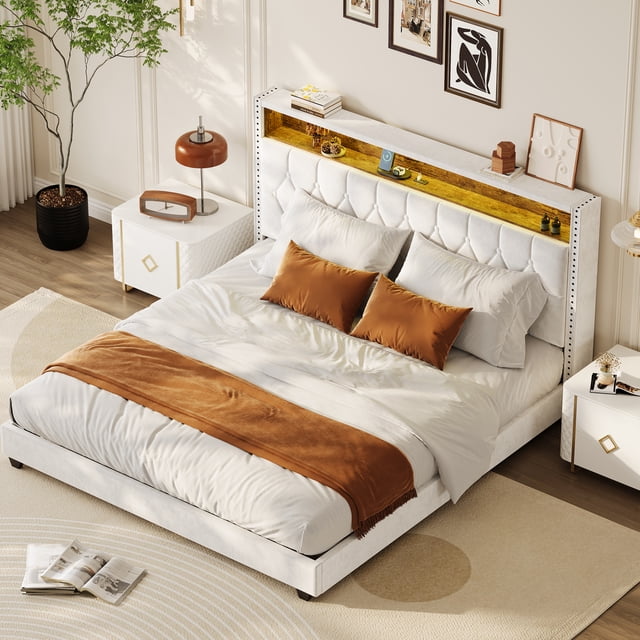 YUSAZENS King Size Bed Frame, Button Tufted Upholstered Headboard Platform Bed with Charging Station and Bookcase, Easy Assembly Bed Frame With Light, Noise-free, Stable, No Box Spring Needed