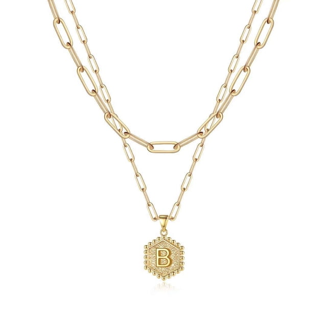 Colliers à Initiale Superposés pour Femmes, Collier Chaîne Trombone Simple Mignon Pendentif Lettre Hexagone Collier Ras-du-Cou à Initiale Colliers Superposés Dorés pour Femmes, BGold