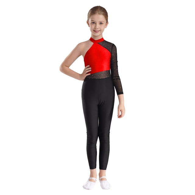 Oyolan Combinaison de Danse Patchwork en Maille à une Épaule pour Filles Enfants Rouge 12
