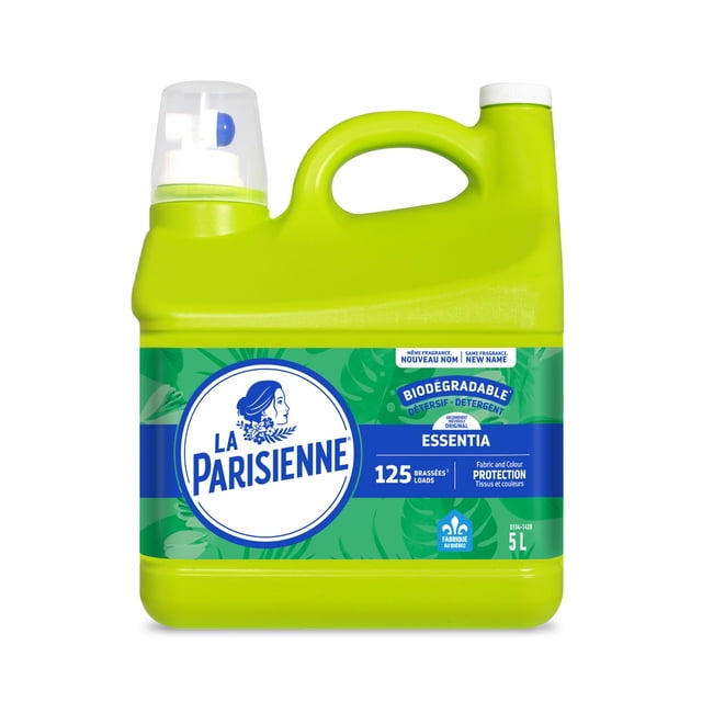 La Parisienne HE Original Scent Liquid Laundry Detergent in a 5 L bright green plastic jug with built-in handle and white cap. The label highlights biodegradable formula, 125 loads capacity, fabric and colour protection, and Quebec origin.