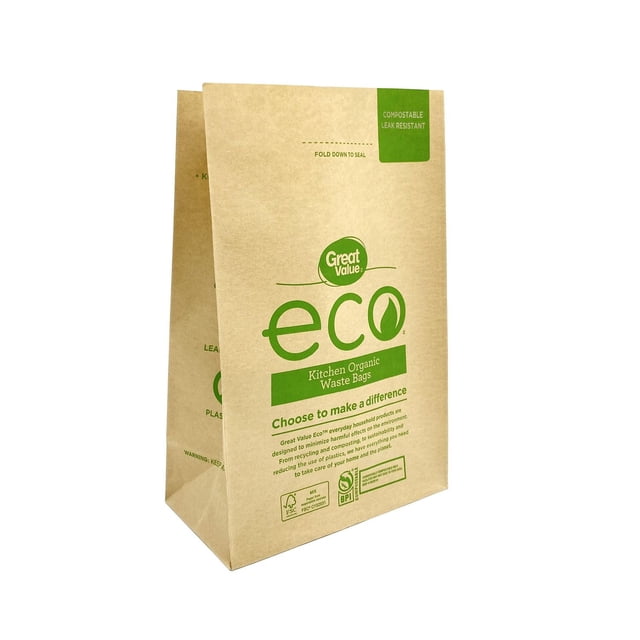 Great Value Leak Resistant Kitchen Organic Waste Bags in a standing brown compostable paper bag with green text, featuring leak resistant double-layer lining, BPI and FSC certifications, ideal for kitchen garbage disposal and eco-friendly waste management.