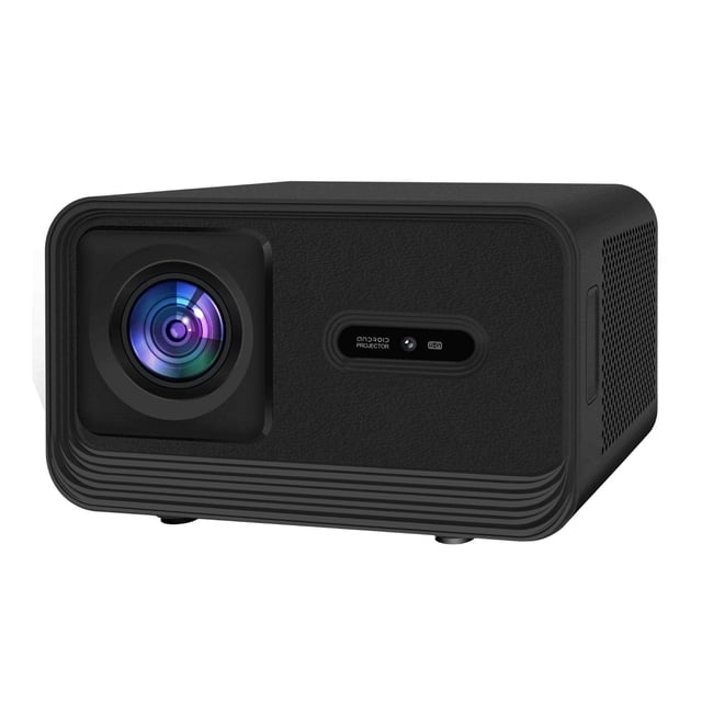 TUTT S24 Ultra Smart Home Theatre Cinematic Projector with 4K support, Android TV, and built-in Netflix and YouTube apps. Features a black rectangular design with a prominent lens on the left and ventilation on the sides. Offers 1920x1080P resolution, 1200 ANSI lumens brightness, and a projection size of 50 to 150 inches. Includes electric focus, keystone correction, and versatile connectivity options like HDMI, USB, AV, Bluetooth, and wireless screen mirroring. Compact and lightweight at 1.82 kg, suitable for home or portable use.